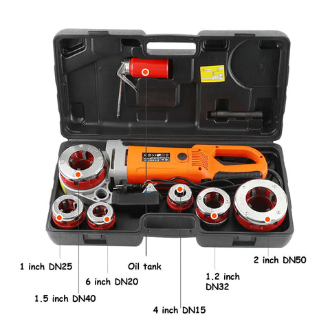 Powerful 2300W Electric Pipe Threader Kit For Plumbing Pros with various dies and oil tank in portable carrying case.