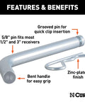 Beefy Heavy Duty Trailer Hitch Pin And Clip With Grooved Head, Five Eighths Inch Diameter, zinc finish, for 2.5 or 3 inch receivers
