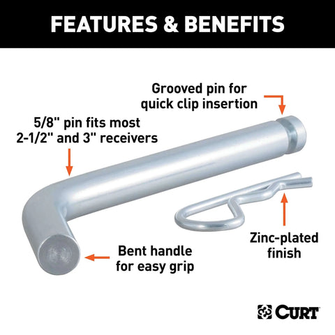 Beefy Heavy Duty Trailer Hitch Pin And Clip With Grooved Head, Five Eighths Inch Diameter, zinc finish, for 2.5 or 3 inch receivers