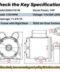 Built Like A Tank 1 HP Farm Duty Electric Motor Running Smooth At 1725 RPM With 115 230V Power showing key specifications and dimensions.