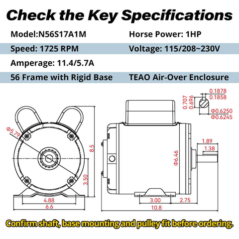 Built Like A Tank 1 HP Farm Duty Electric Motor Running Smooth At 1725 RPM With 115 230V Power showing key specifications and dimensions.