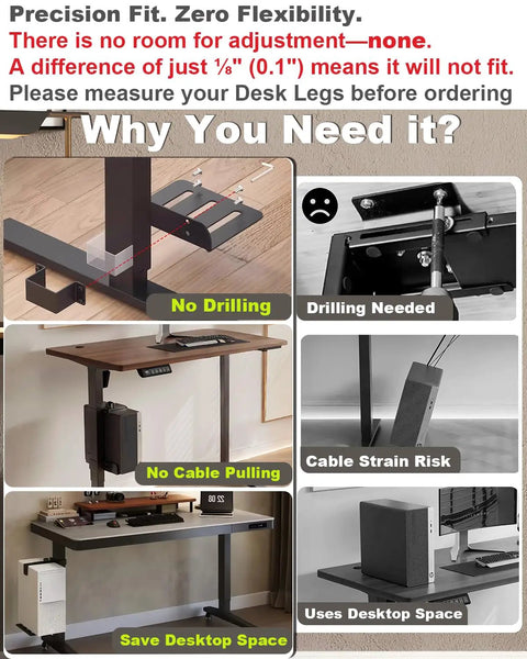 Under Desk PC Mount Clamp On CPU Holder with Non Slip Pads, Adjustable for Standing Desks, showing no drilling required.