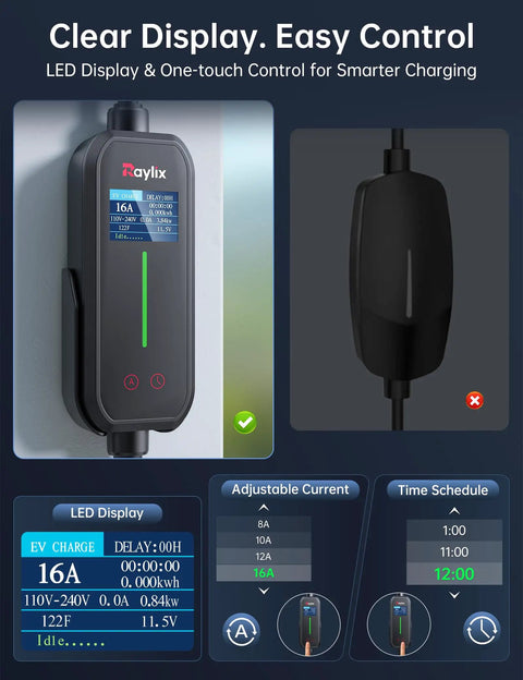 No Sweat Setup Level 1 And 2 EV Charger With Holder, showing LED display and adjustable settings for smart charging.