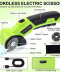 Professional Grade 3.6V Cordless Electric Scissors And Cardboard Cutter with LED lighting and safety lock features.