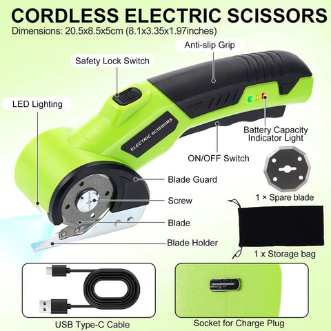 Professional Grade 3.6V Cordless Electric Scissors And Cardboard Cutter with LED lighting and safety lock features.