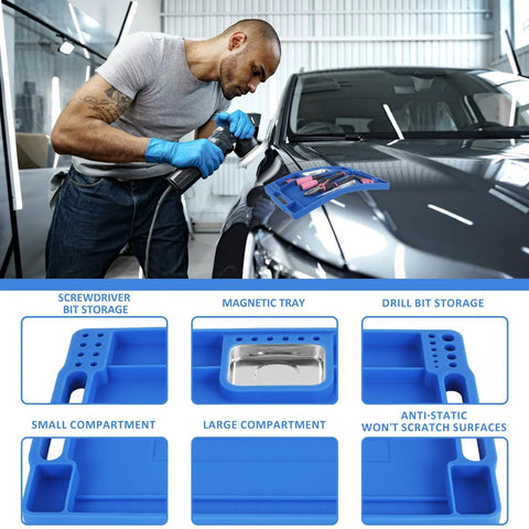 Man using Blue Silicone Tool Tray For Auto Repairs Flexible Magnetic Tool Holder With Small Parts Tray on car hood