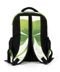 Back view of Green Three Leaf Clover Printed Unisex Backpack with large capacity, durable polyester, breathable fabric, smooth zipper.
