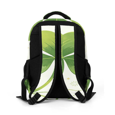 Back view of Green Three Leaf Clover Printed Unisex Backpack with large capacity, durable polyester, breathable fabric, smooth zipper.