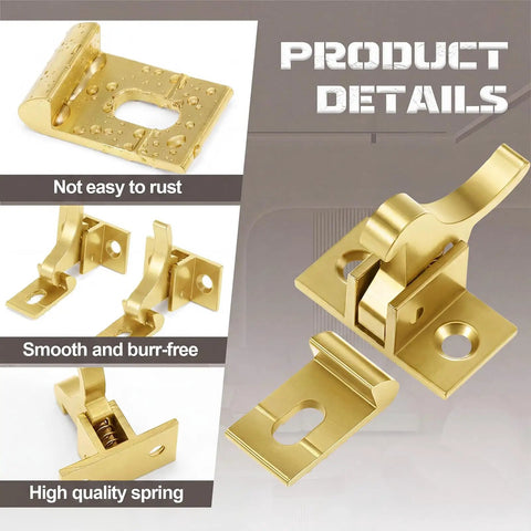 Beefy Eight Piece Brass Heavy Duty Cabinet Door Latch Set with Mounting Screws angled to show elbow style and details.