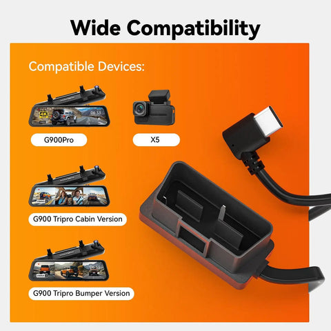 USB C Dash Cam Hardwire Kit 4A With Battery Drain Protection, 11.5 Feet Cable, compatible with G900Pro, X5, G900 Tripro models shown