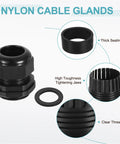 5 Pack PG29 Nylon Cable Glands Waterproof Cord Grip Connector Kit With Washers Gaskets And Locknut Easy Install 18-25mm Wire Grommets For Junction Box Black, showing sealing ring, tightening jaws, and clear thread.