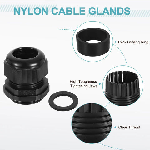 5 Pack PG29 Nylon Cable Glands Waterproof Cord Grip Connector Kit With Washers Gaskets And Locknut Easy Install 18-25mm Wire Grommets For Junction Box Black, showing sealing ring, tightening jaws, and clear thread.
