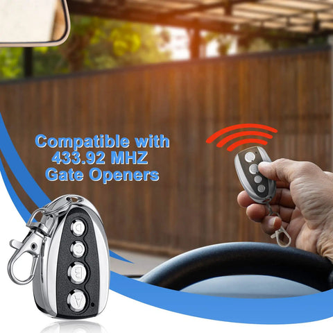 Hand using 12 Pack Dope Universal Gate Remote Control 433.92 MHz Opener Duplicator Key Fob Kit For Garage Doors, Black And Silver