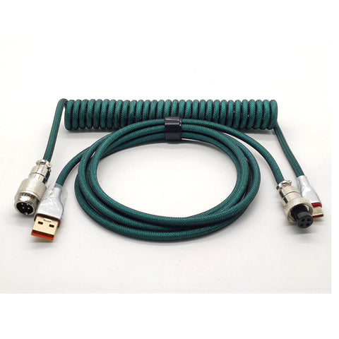 Pro Grade USB A To USB C Spiral Keyboard Cable 1.8M Dark Green Wear Resistant Braided Sheath Aviation Style Plug, coiled