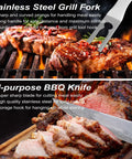 Close-up of stainless steel fork and knife in action from Ultimate 26 Piece Stainless Steel BBQ Grill Tools Set With Storage Bag.
