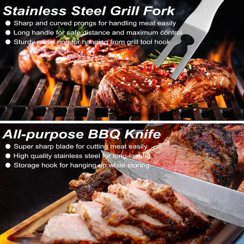 Close-up of stainless steel fork and knife in action from Ultimate 26 Piece Stainless Steel BBQ Grill Tools Set With Storage Bag.
