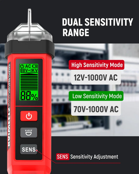 Front view of red Non Contact Voltage Tester Pen with LCD Display Dual Range 12V And 70V-1000V CAT IV 1000V Safety Rating