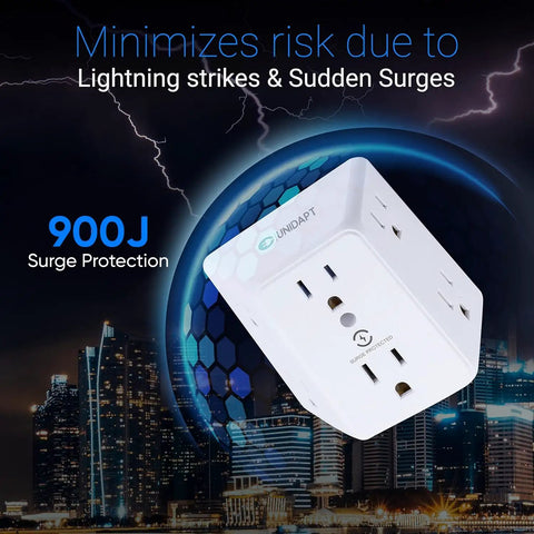 Six Outlet Wall Tap Extender With Surge Protector 900J Three Side Wide Spaced Power Strip with lightning surge protection
