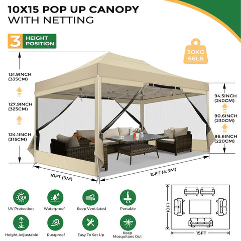 10x15 Heavy Duty Pop Up Canopy Tent With Sidewalls Pro Grade Gazebo For Outdoor Parties Mosquito Netting Walls Easy Setup