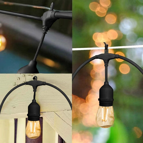 Outdoor String Lights 48 Ft Waterproof Patio Lighting With 2W Dimmable LED Bulbs for Backyard Gardens and Decks, hanging in detail