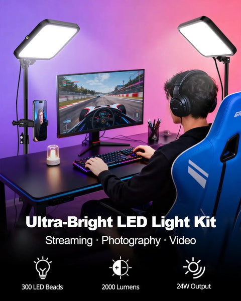 Two Pack LED Video Light Kit With Dimmable 3000K To 6500K Color Temperature, 11 Inch Panels, used for gaming setup with tripod stand