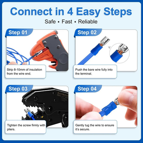 Instructions for using 1/4 Inch Yellow Vinyl Insulated Quick Disconnect Spade Wire Connectors For 12-10 AWG Cables in four steps.