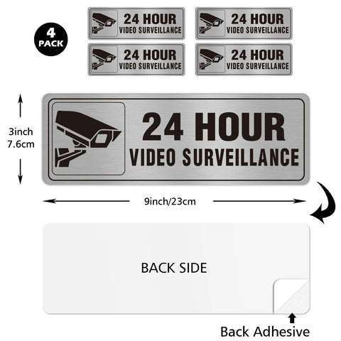 24 Hour Video Surveillance Sign 9x3 Inch Aluminum Silver Self Adhesive Metal Door Wall Sign Waterproof 4 Pack for Business