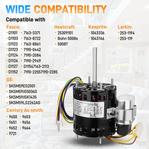 Refrigeration Fan Motor Replacement For D1127 D1123 D1124 D1126 D1152 D1154 1/12 HP 1550 RPM 115/230V HVAC compatibility graphic