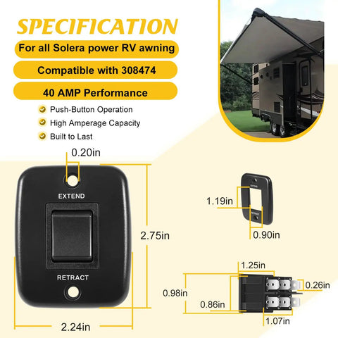 40 Amp RV Awning Interior Switch Kit With Plate Replacement For Solera Power Awnings, specs and switch dimensions shown