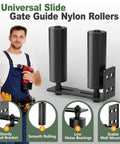Heavy Duty Sliding Gate Roller Hardware Kit With Steel Wall Mount Bracket And Nylon Roller Guide For Rolling Doors Garage Gates And Wood Gates Adjustable Bracket For Precise Alignment Black Finish 6 Inch shown with installer holding tools