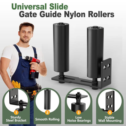 Heavy Duty Sliding Gate Roller Hardware Kit With Steel Wall Mount Bracket And Nylon Roller Guide For Rolling Doors Garage Gates And Wood Gates Adjustable Bracket For Precise Alignment Black Finish 6 Inch shown with installer holding tools