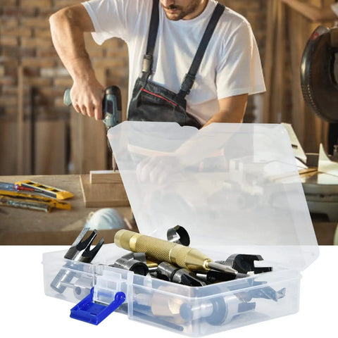 All In One Woodworking Drill Bit Set With Countersinks And Plug Cutters Hex Shank HSS 5 Flute 90 Degree Bits and tools in use