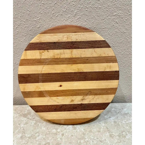 Vintage Handmade Multiwood Lazy Susan Charcuterie Board And Revolving Table Tray with striped design on textured background.