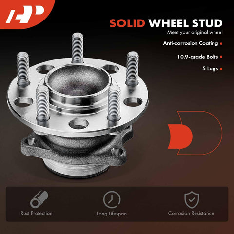 Rear Wheel Bearing Hub Assembly 5-Lug Compatible For Mitsubishi Outlander 2011-2012, Outlander Sport 2011-2012, Lancer 2008-2017 FWD ABS Compatible Rock-Solid Durable Replacement Part, front view with 5 lugs and bolts
