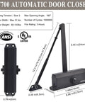 Built Tough Grade 2 Automatic Door Closer dimensions showing hydraulic power details for residential and commercial use in matte black.