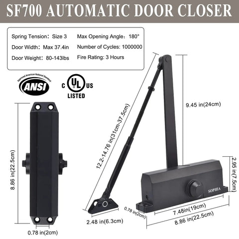 Built Tough Grade 2 Automatic Door Closer dimensions showing hydraulic power details for residential and commercial use in matte black.