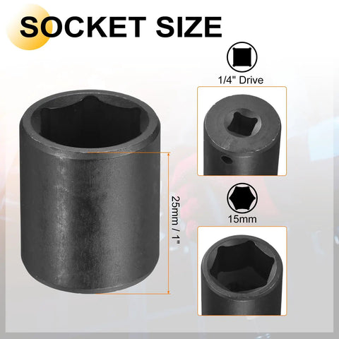 Harfington Cr-V Shallow Impact 15mm Socket With Adapter For Hex Bolts And Nuts Heavy Duty Tool Kit Includes Long 2 Inch Extension Shaft For Car Repair Jobs And DIY Mechanics. 1/4 drive, 25mm length