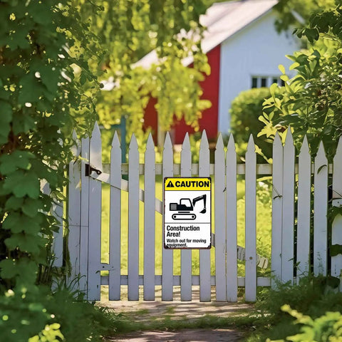 Warning Construction Area Sign Aluminum 8x12 Inch Watch For Moving Equipment Outdoor Work Zone Public Access Area Durable Rust Resistant Job Site Safety Notice on white fence