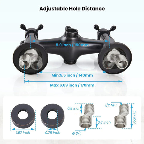 Oil Rubbed Bronze Wall Mount Clawfoot Bathtub Faucet With Handheld Sprayer, 360 Degree Swivel Spout, size details shown