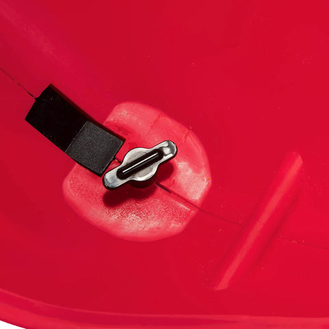 Close-up of Red Ergonomic Hand Spreader with built in armrest, showing sealed gearbox and trigger in lightweight poly construction.