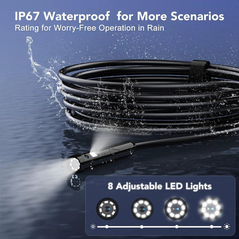 Dual Lens 5 Inch IPS Endoscope Camera With Lights Split Screen Borescope 1080P For Automotive And Home Use, black IP67 waterproof cable with 8 LED lights