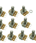 10 Pack 100K Ohm Pot, Single Linear Rotary Taper, Knurled 15mm Shaft, 6mm Diameter, 7mm Thread, 8mm Base Height, From Above Adjustment, 300 Degree Rotation For DIY Electronics And Audio Projects, top view