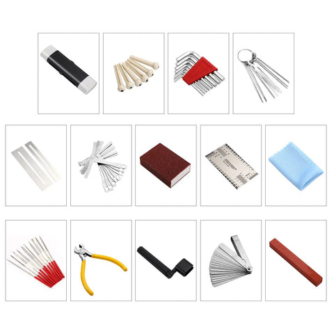 All In One Guitar Repair Kit With Neck Rest Cradle And Pro Grade Gig Ready Work Mat includes tools for various instruments.
