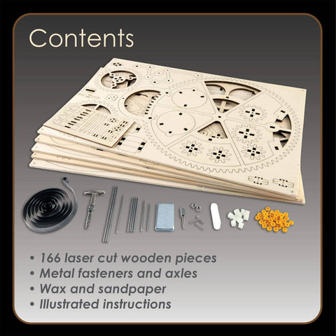 Contents of 3D Wooden Gear Clock Kit For Teens And Adults Snap Together Mechanical Clock With Moving Gears No Glue Or Tools Needed Dope Hands On Build About 13 Inches Tall including 166 wood pieces and assembly components.