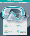 All In One Snorkel Set For Adults With Anti Fog Panoramic View Swim Mask And Dry Top Snorkel Kit Includes Carry Bag For Snorkeling Scuba Diving Swimming And Travel, showing snug fit snorkel set with 180 HD vision and adjustable strap.