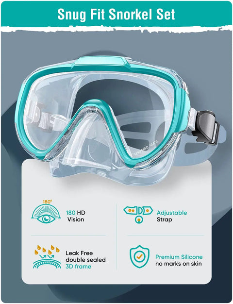 All In One Snorkel Set For Adults With Anti Fog Panoramic View Swim Mask And Dry Top Snorkel Kit Includes Carry Bag For Snorkeling Scuba Diving Swimming And Travel, showing snug fit snorkel set with 180 HD vision and adjustable strap.