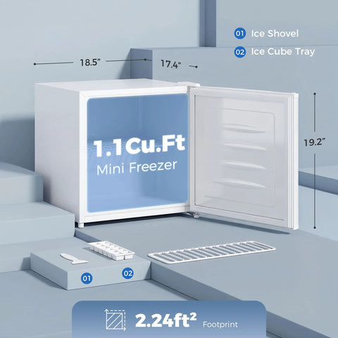 Hella Compact Mini Upright Freezer Packs 1 Point 1 Cubic Feet Inside With Five Level Temperature Knob and Ice Cube Tray.