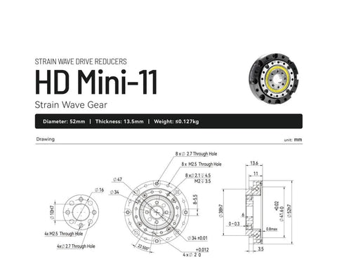 Technical drawing of HD Mini-11 strain wave gear, 52mm diameter, 13.5mm thickness, for Strain Wave Gearbox Motor 100 To 1 Low Backlash Reducer.