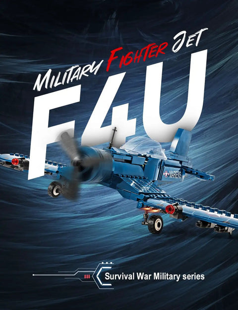 F4U Corsair WW2 Fighter Jet Building Block Set With 440 Pieces model shown in flight with propeller detail