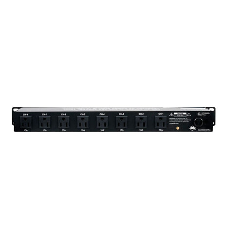 Front view of 8 Outlet Power Center For Single Rack Space With Lighted On Off Switches And 15 Amp Breaker Easy Cable Management For Booths Safe Setup